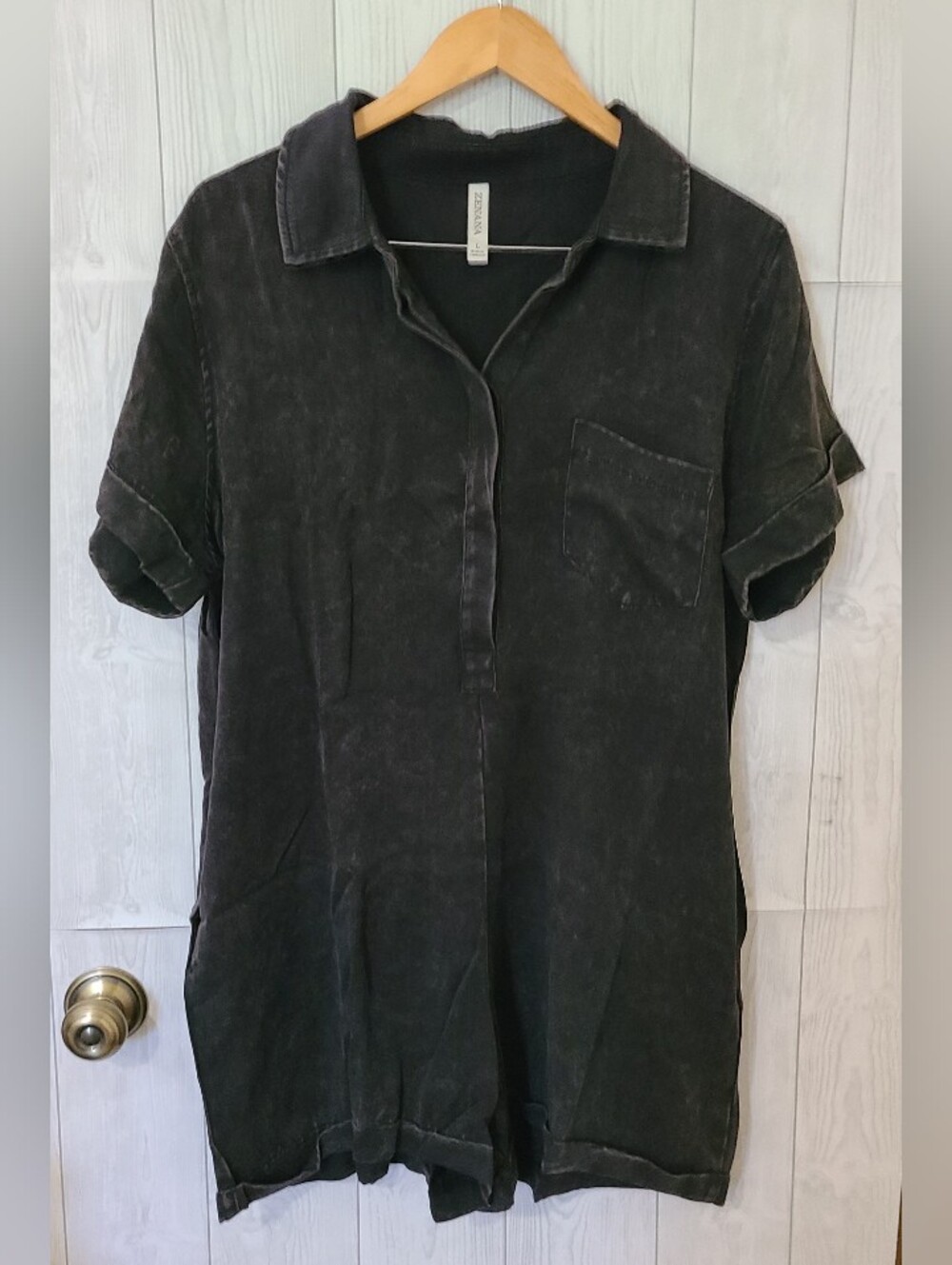 Two Zenana Mineral Washed Charcoal/Orange Short-Sleeve Rompers (Shorts)